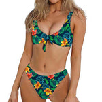 Hibiscus Monstera Hawaii Pattern Print Front Bow Tie Bikini