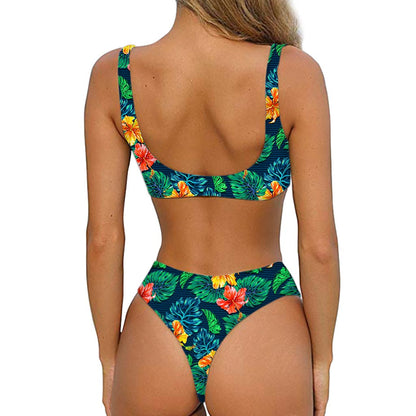 Hibiscus Monstera Hawaii Pattern Print Front Bow Tie Bikini
