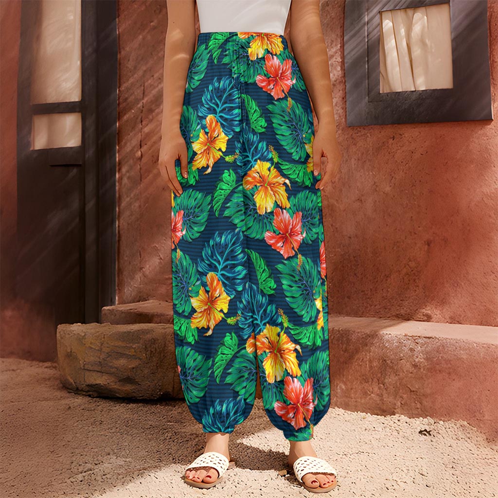Hibiscus Monstera Hawaii Pattern Print Harem Pants