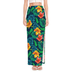 Hibiscus Monstera Hawaii Pattern Print High Slit Maxi Skirt