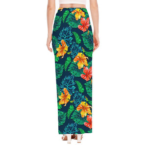 Hibiscus Monstera Hawaii Pattern Print High Slit Maxi Skirt