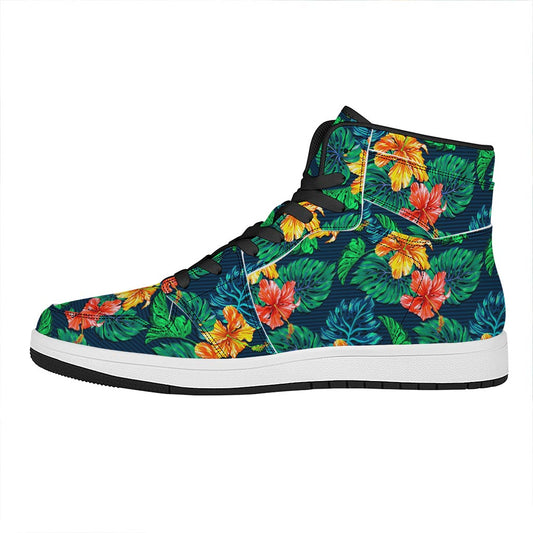 Hibiscus Monstera Hawaii Pattern Print High Top Leather Sneakers