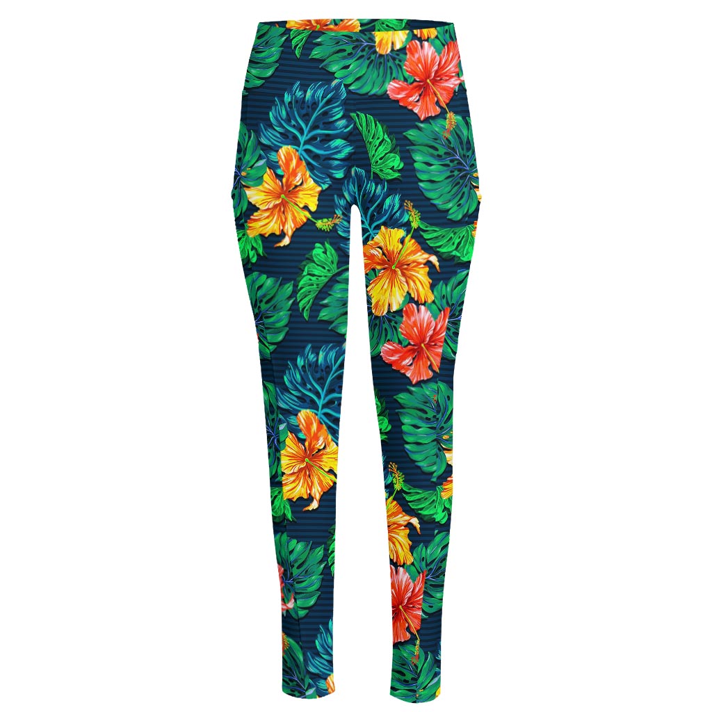 Hibiscus Monstera Hawaii Pattern Print High-Waisted Pocket Leggings