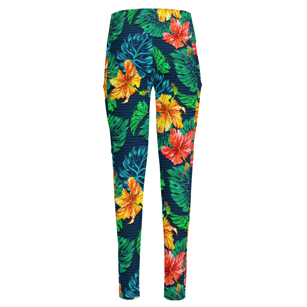 Hibiscus Monstera Hawaii Pattern Print High-Waisted Pocket Leggings