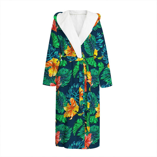Hibiscus Monstera Hawaii Pattern Print Hooded Bathrobe
