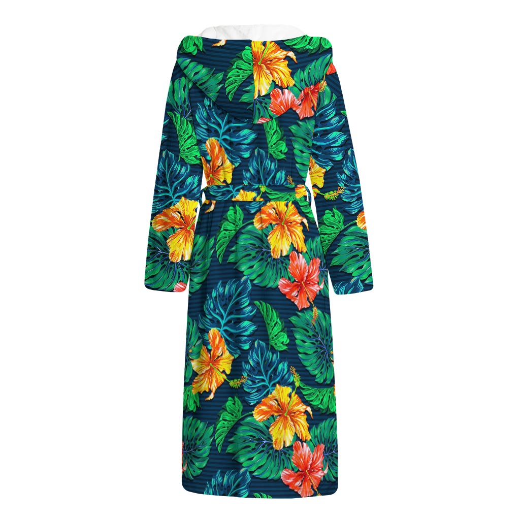 Hibiscus Monstera Hawaii Pattern Print Hooded Bathrobe