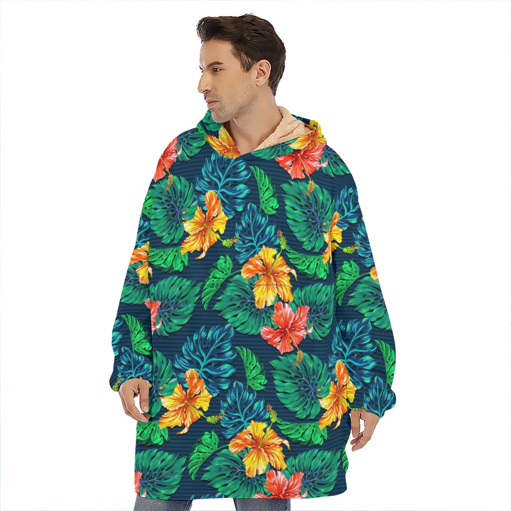 Hibiscus Monstera Hawaii Pattern Print Hoodie Blanket