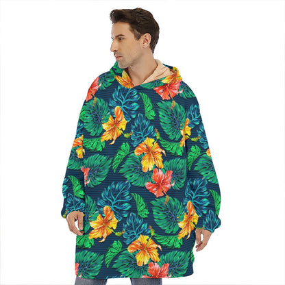 Hibiscus Monstera Hawaii Pattern Print Hoodie Blanket