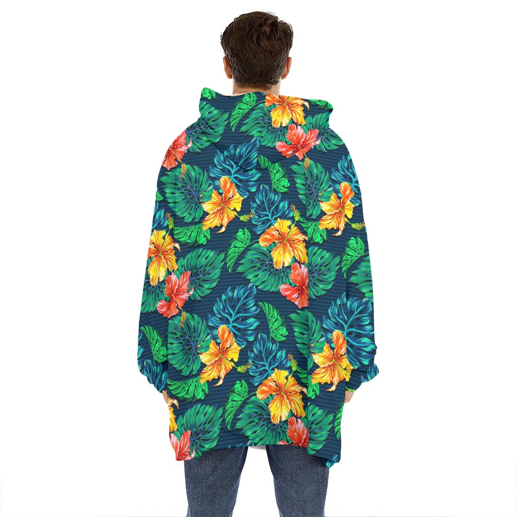 Hibiscus Monstera Hawaii Pattern Print Hoodie Blanket