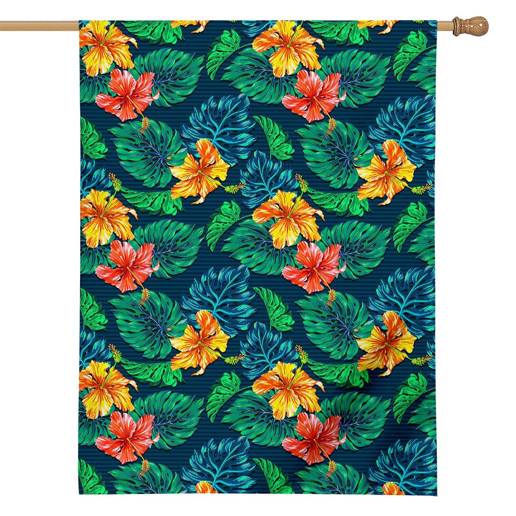 Hibiscus Monstera Hawaii Pattern Print House Flag