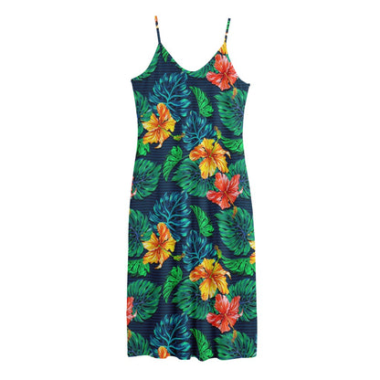 Hibiscus Monstera Hawaii Pattern Print Jersey Midi Cami Dress