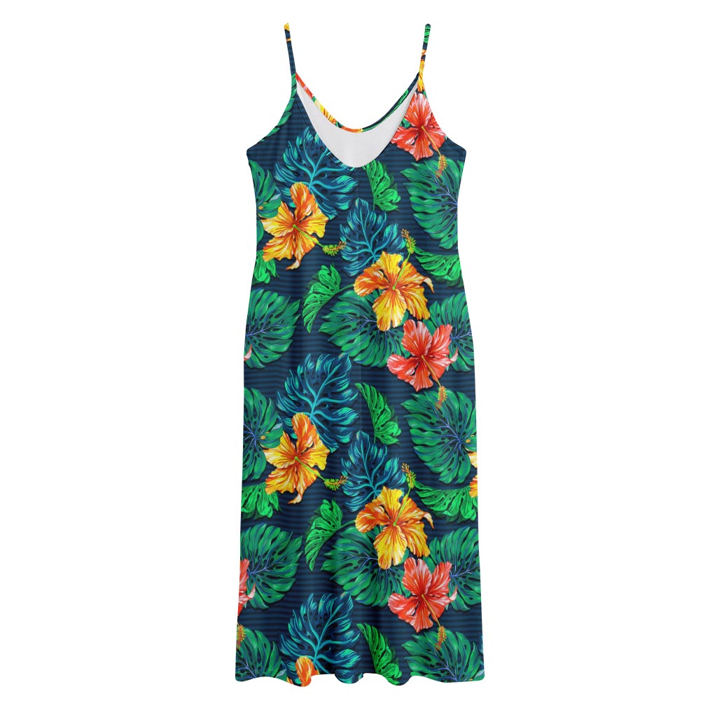 Hibiscus Monstera Hawaii Pattern Print Jersey Midi Cami Dress