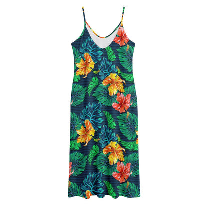 Hibiscus Monstera Hawaii Pattern Print Jersey Midi Cami Dress