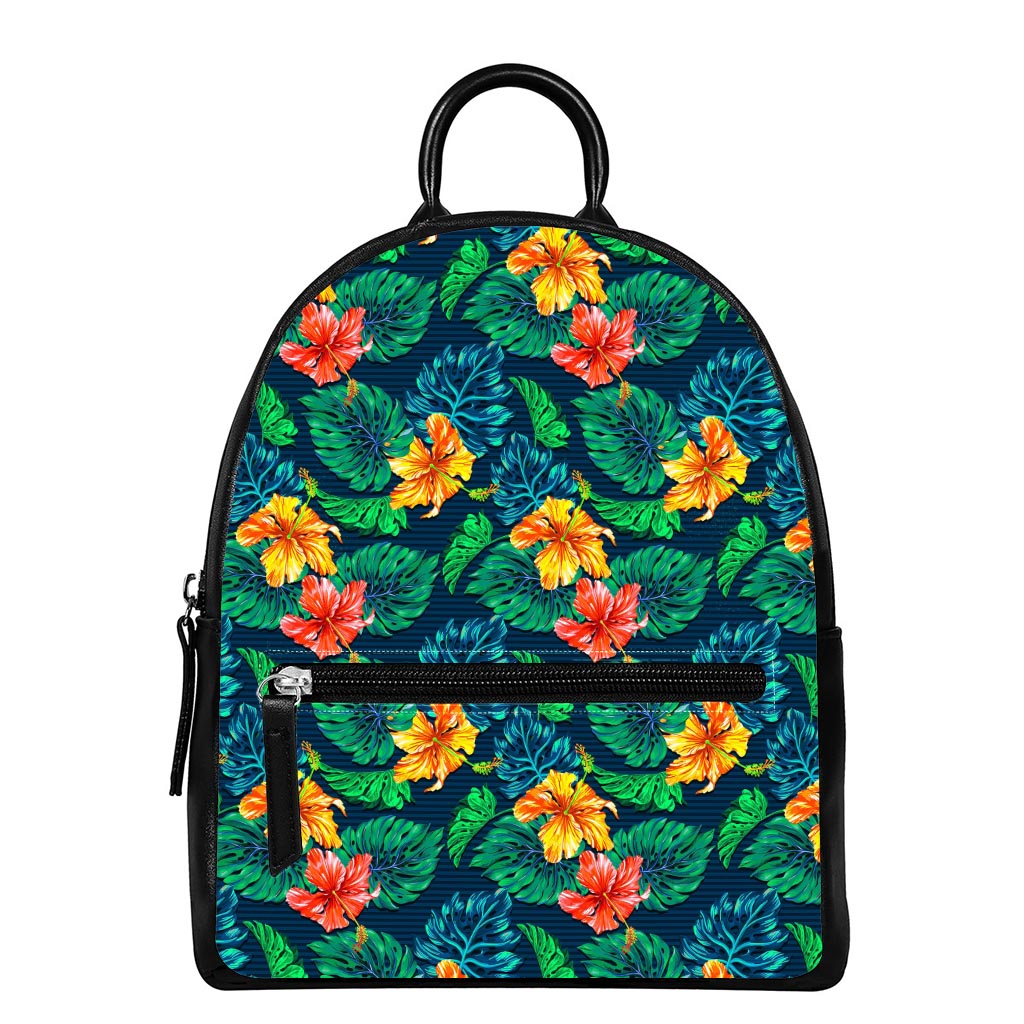 Hibiscus Monstera Hawaii Pattern Print Leather Backpack