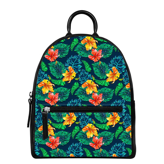 Hibiscus Monstera Hawaii Pattern Print Leather Backpack