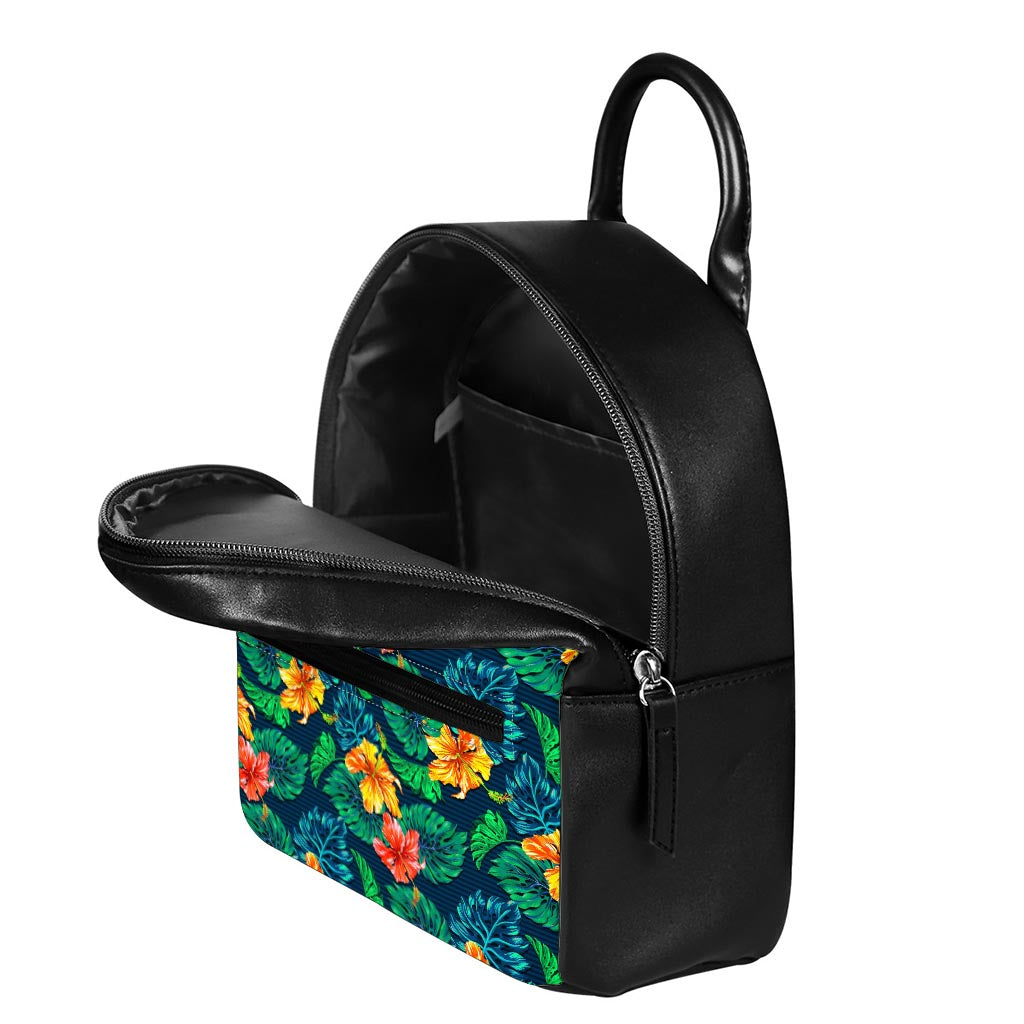 Hibiscus Monstera Hawaii Pattern Print Leather Backpack
