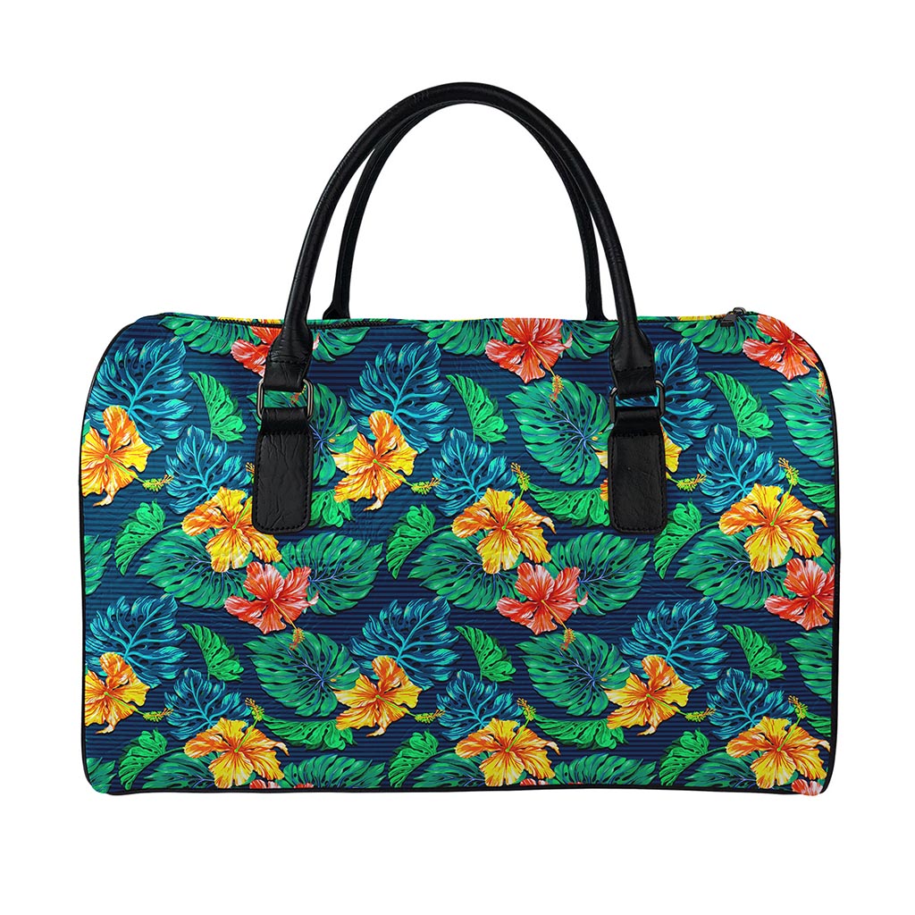 Hibiscus Monstera Hawaii Pattern Print Leather Duffle Bag