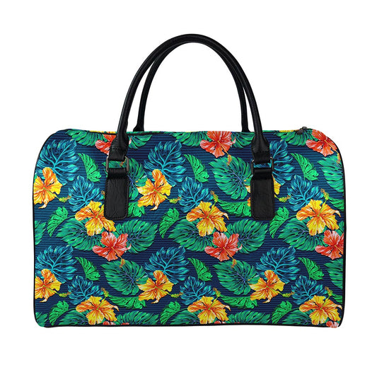 Hibiscus Monstera Hawaii Pattern Print Leather Duffle Bag
