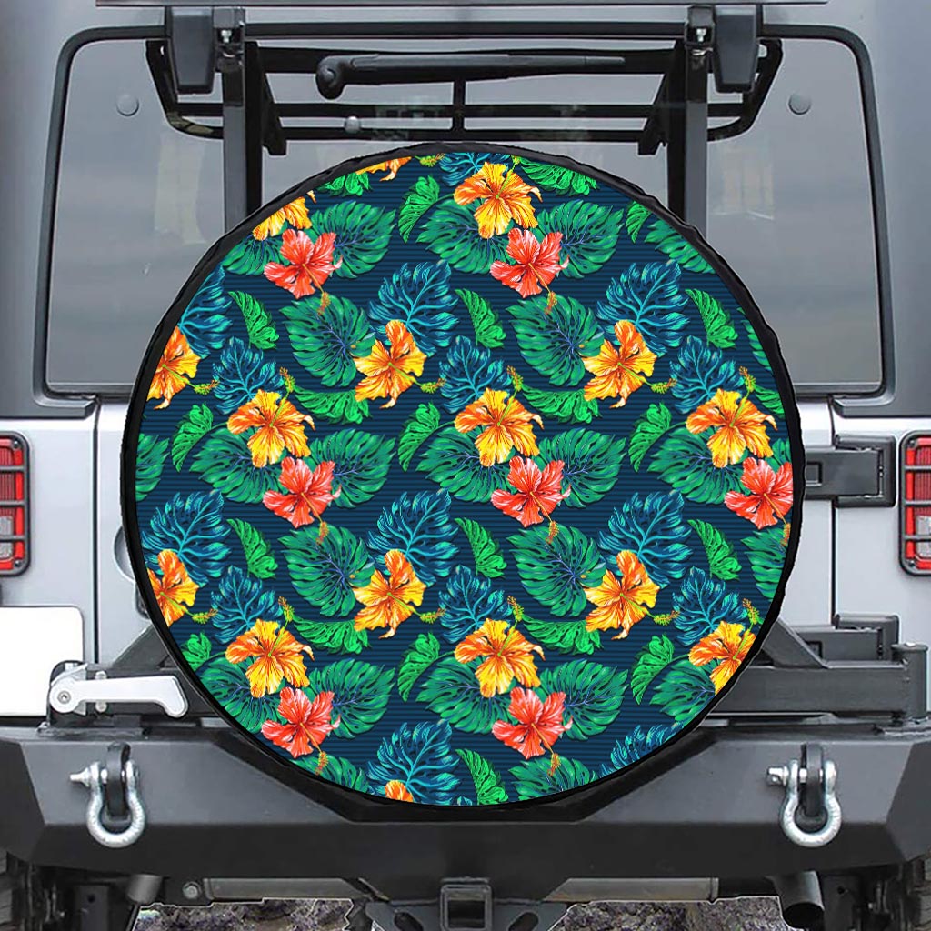 Hibiscus Monstera Hawaii Pattern Print Leather Spare Tire Cover