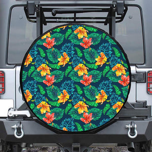 Hibiscus Monstera Hawaii Pattern Print Leather Spare Tire Cover