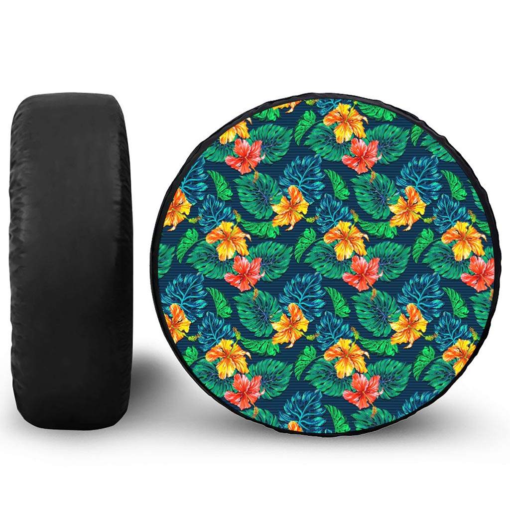 Hibiscus Monstera Hawaii Pattern Print Leather Spare Tire Cover