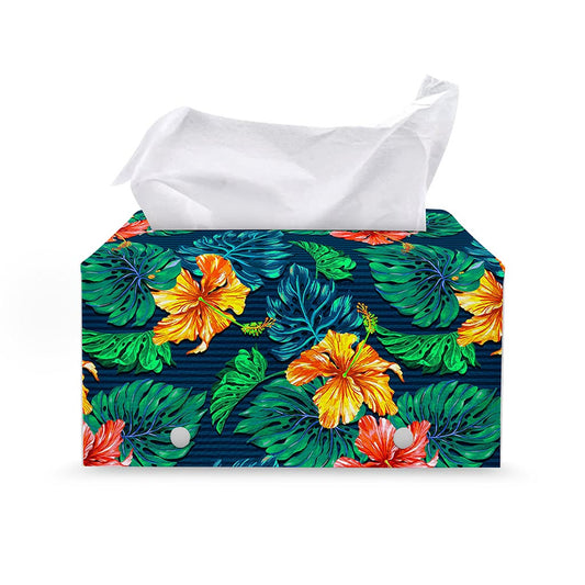 Hibiscus Monstera Hawaii Pattern Print Leather Tissue Box Cover
