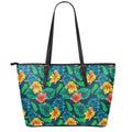 Hibiscus Monstera Hawaii Pattern Print Leather Tote Bag With Zipper