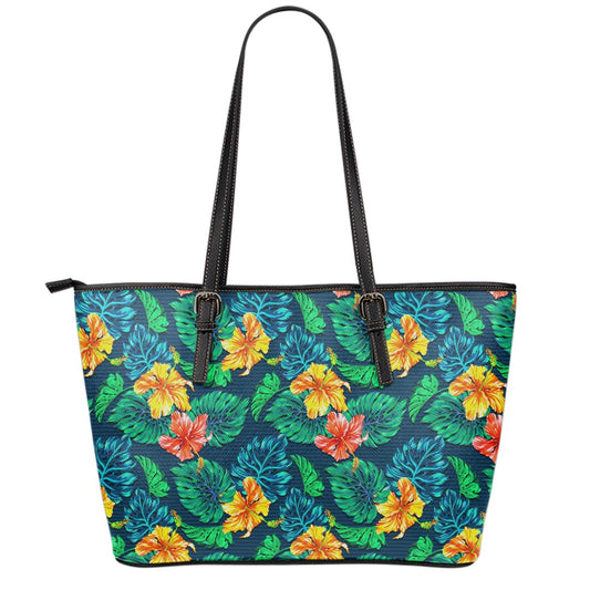 Hibiscus Monstera Hawaii Pattern Print Leather Tote Bag