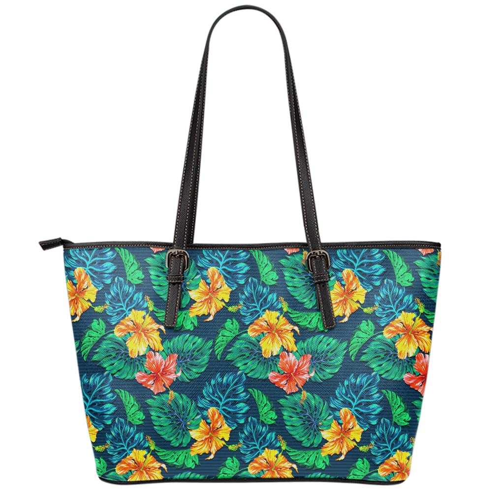 Hibiscus Monstera Hawaii Pattern Print Leather Tote Bag