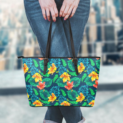 Hibiscus Monstera Hawaii Pattern Print Leather Tote Bag