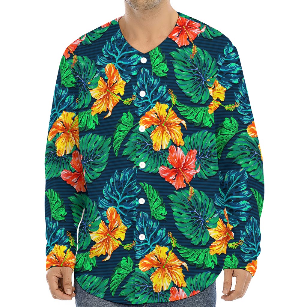 Hibiscus Monstera Hawaii Pattern Print Long Sleeve Baseball Jersey