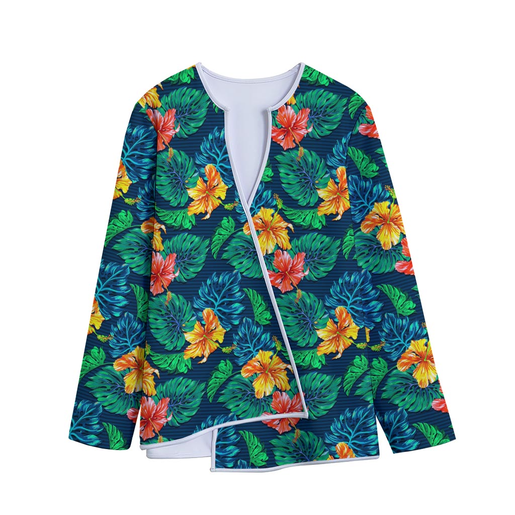 Hibiscus Monstera Hawaii Pattern Print Long Sleeve Short Coat