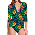 Hibiscus Monstera Hawaii Pattern Print Long Sleeve Swimsuit