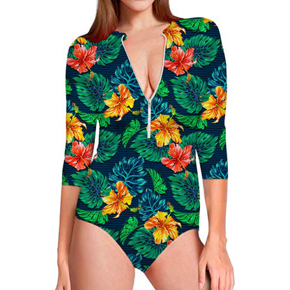 Hibiscus Monstera Hawaii Pattern Print Long Sleeve Swimsuit