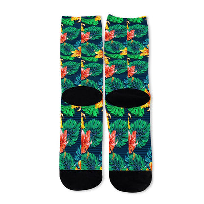 Hibiscus Monstera Hawaii Pattern Print Long Socks