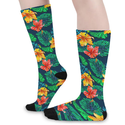 Hibiscus Monstera Hawaii Pattern Print Long Socks