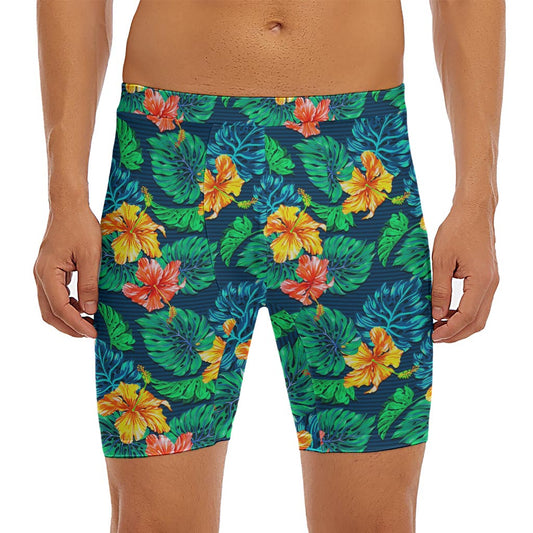 Hibiscus Monstera Hawaii Pattern Print Men's Long Boxer Briefs