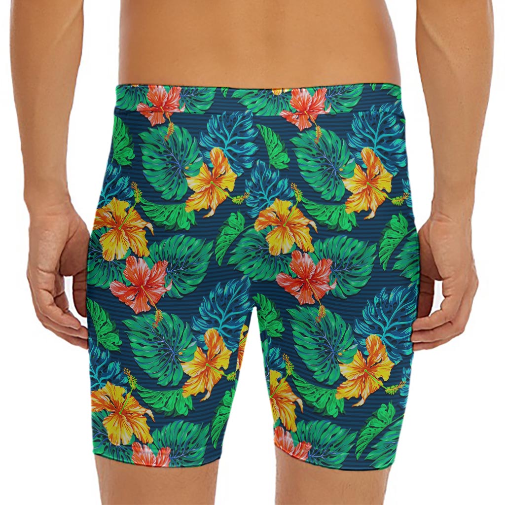 Hibiscus Monstera Hawaii Pattern Print Men's Long Boxer Briefs