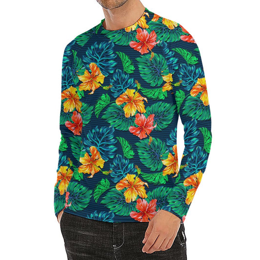 Hibiscus Monstera Hawaii Pattern Print Men's Long Sleeve Rash Guard