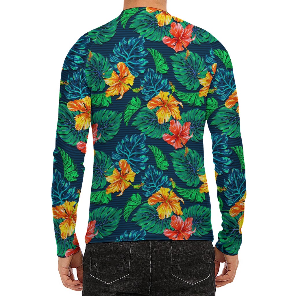 Hibiscus Monstera Hawaii Pattern Print Men's Long Sleeve Rash Guard