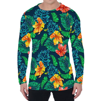 Hibiscus Monstera Hawaii Pattern Print Men's Long Sleeve T-Shirt