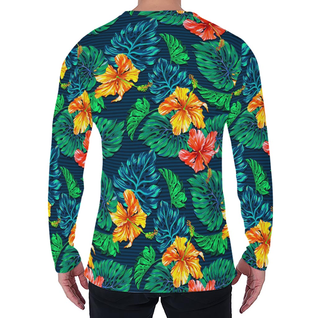 Hibiscus Monstera Hawaii Pattern Print Men's Long Sleeve T-Shirt