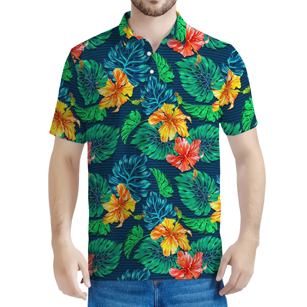 Hibiscus Monstera Hawaii Pattern Print Men's Polo Shirt