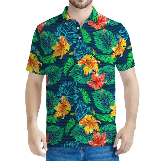 Hibiscus Monstera Hawaii Pattern Print Men's Polo Shirt