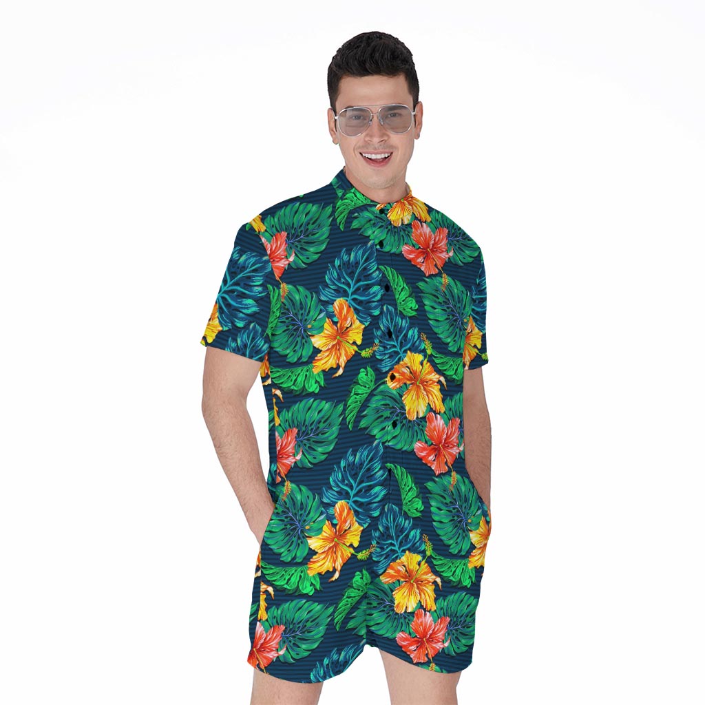 Hibiscus Monstera Hawaii Pattern Print Men's Rompers