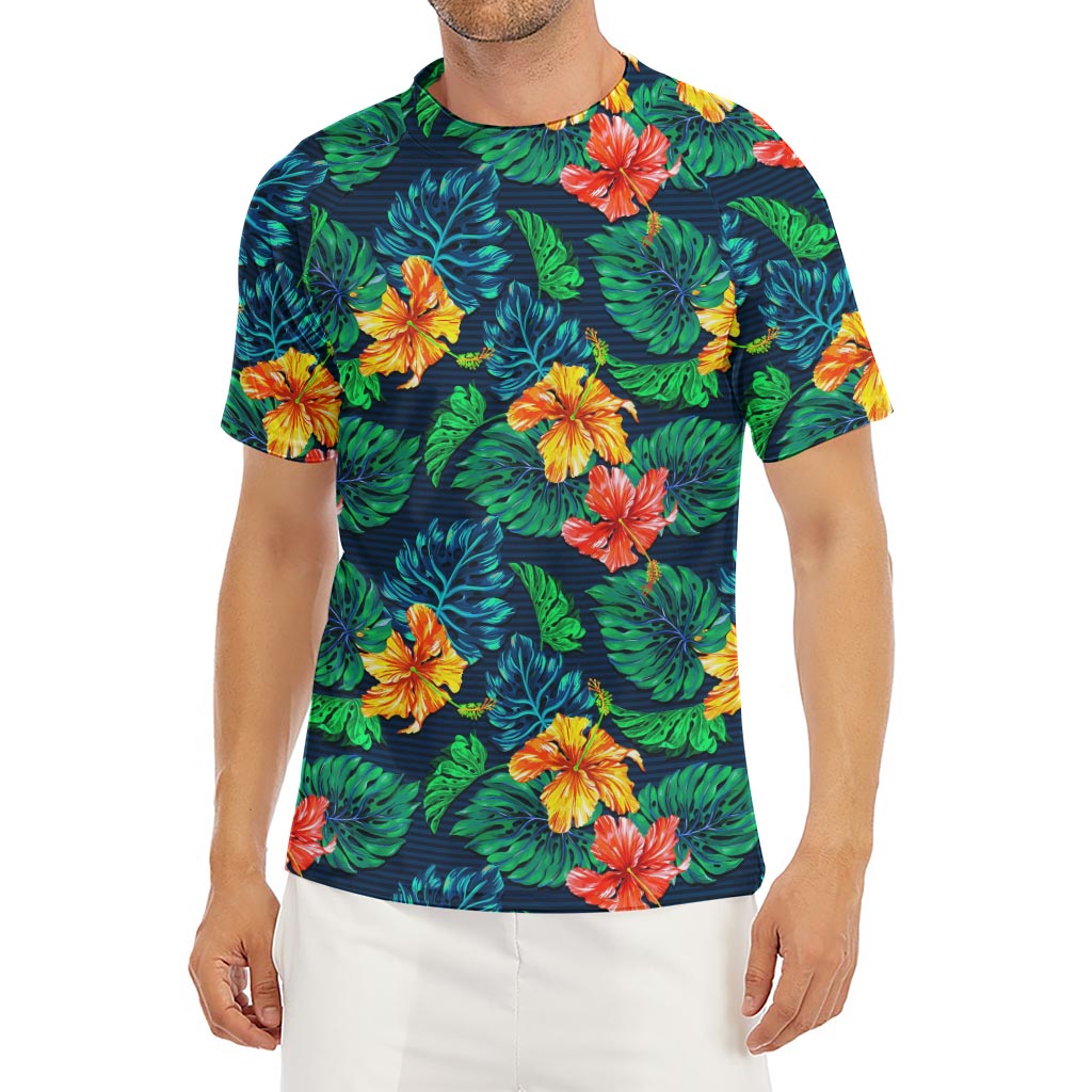 Hibiscus Monstera Hawaii Pattern Print Men's Short Sleeve Rash Guard