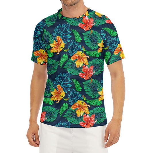 Hibiscus Monstera Hawaii Pattern Print Men's Short Sleeve Rash Guard
