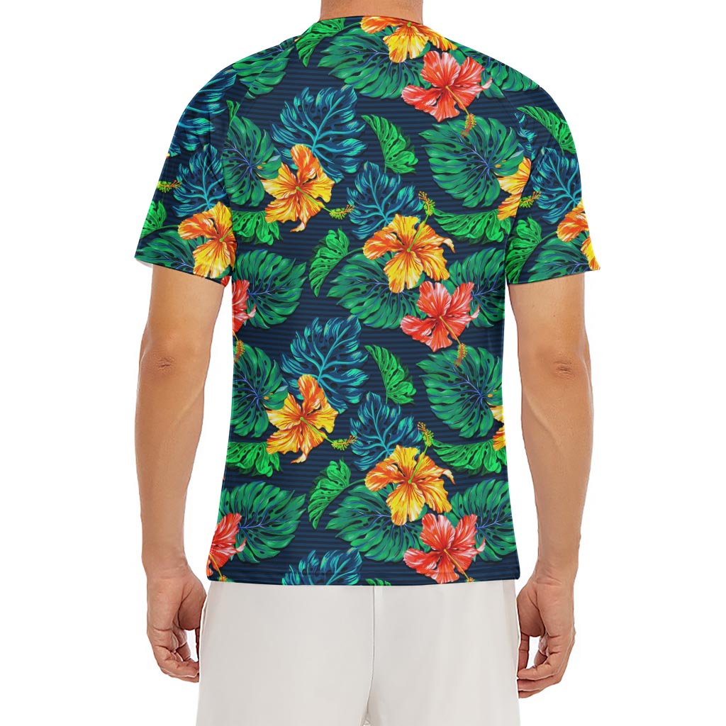 Hibiscus Monstera Hawaii Pattern Print Men's Short Sleeve Rash Guard
