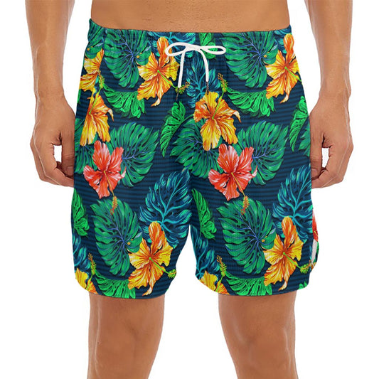 Hibiscus Monstera Hawaii Pattern Print Men's Split Running Shorts