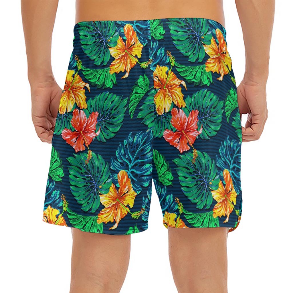 Hibiscus Monstera Hawaii Pattern Print Men's Split Running Shorts